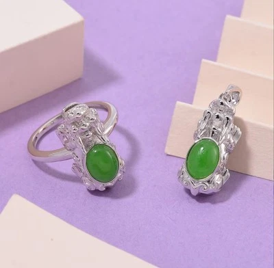 Green Jade 3.30 ctw Pixiu Ring and Pendant in Rhodium Over Sterling Silver Sz 8 - Image 1 of 4