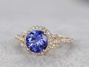 Anillo de boda de tanzanita azul corte redondo de 3,20 quilates de oro amarillo de 14 k - Imagen 1 de 6
