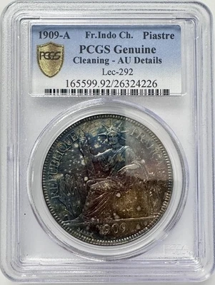 French Indo China 1 Piastre 1909-A  Lec-292 PCGS Cleaning - AU Details - Image 1 of 4