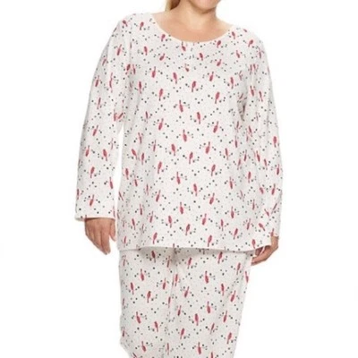 PIJAMA CROFT & BARROW MARFIL ROJO CARDENAL PÁJARO FLORAL TERCIOPELO CUELLO LARGO XS Foto 1 de 4