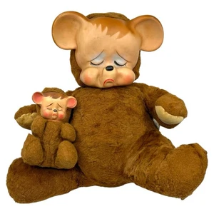 Knickerbocker Pouting Animals Rubber Face Brown Teddy Bear Set 13” + 5” Plush - Picture 1 of 11