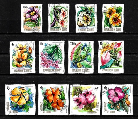GUINEA, SCOTT # 663-671, C127-C129, COMPLETE SET OF 12 USED CTO FLOWERS 1974 Cover