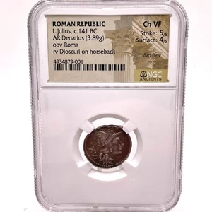 141 aC L. Julio plata ar denario república romana ngc ch en muy buen estado huelga 5/5 - Imagen 1 de 6