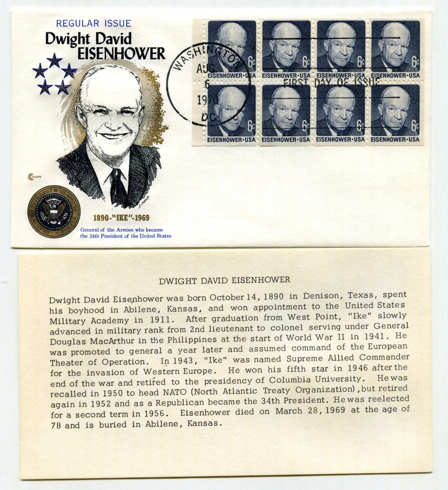 1393A 6c Dwight D. Eisenhower pane of 8 Cover Craft Cachets, CCC, FDC - Image 1 of 1