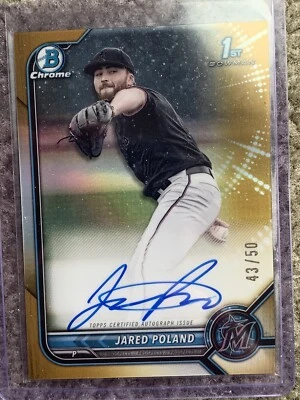 JARED POLAND 2022 BOWMAN CHROME DRAFT TRUE GOLD REFRACTOR ROOKIE AUTO #’d /50 - Image 1 of 2