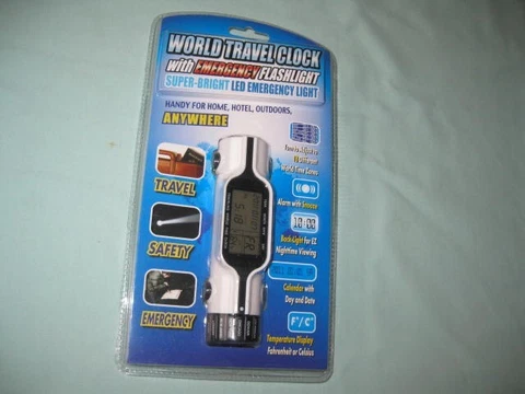 WORLD TRAVEL CLOCK w/ EMERGENCY LED FLASHLIGHT-NEW Cover