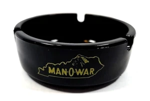 Vintage Man O War Ashtray Thoroughbred Kampers Inc. Round Black Glass Home Decor - Picture 1 of 6