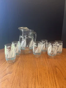 Brocca vintage acqua barca a vela vetro acqua tè limonata con 6 bicchieri - Foto 1 di 17