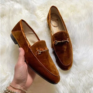 SAM EDELMAN Loraine Velvet Loafer Flats Golden Brown Horsebit Flats - Picture 1 of 2