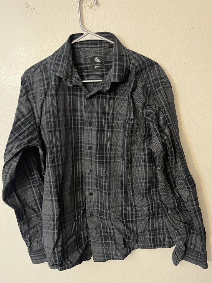 Calvin Klein Shirt Slim Fit Large Black Plaid Button. Shirt Men’s - Image 1 of 4