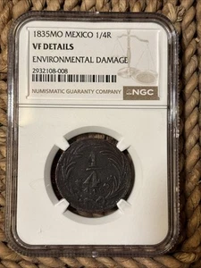 Mexico 1835 1/4 Real KM# 358 Copper Quartilla Coin NGC VF Details - Picture 1 of 2