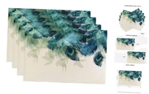 Teal Peacock Feathers Placemats Set of 4 Beautiful Blue Turquoise Floral Linen - Picture 1 of 8