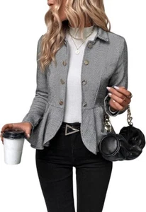 Women Elegant Peplum Blazer Stripes Herringbone Business Work Office Cropped Jac - Picture 1 of 14