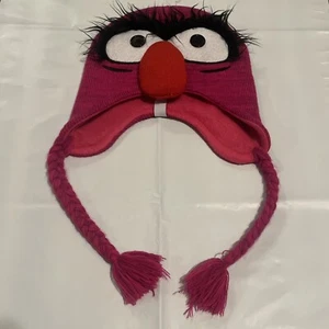 Disney The Muppets Animal Knit Hat Pink Lined Red Nose Faux Fur Eyebrows Tassels - Picture 1 of 5