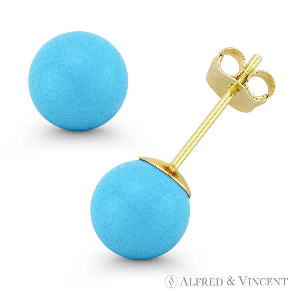 3mm to 8mm Blue Turquoise Ball Studs 14k 14kt Yellow Gold Pushback Stud Earrings - Image 1 of 1