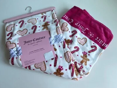 Juicy Couture Gingerbread Man Heart Candy Cane Plush Throw Blanket Pink NEW - Image 1 of 4