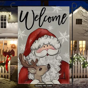 Rustic Santa & Reindeer Christmas Garden Flag - Festive Winter Welcome Home - Picture 1 of 5