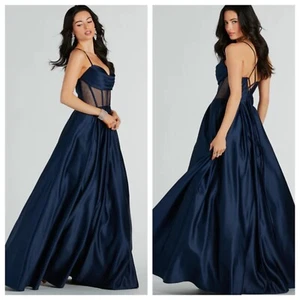 Blondie Nights Georgina Satin Corset LaceUp ALine Ball Gown Dress Sz 5 Navy Prom - Picture 1 of 12