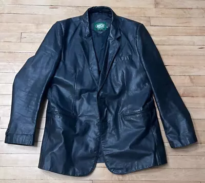 Vintage HILL & ARCHER BLACK Leather Sport Coat Blazer men size 46 button missing - Image 1 of 4