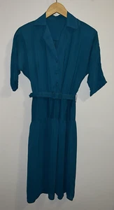 Vestido Vintage Años 80 - Material Verde azulado/verde ligero - Rayas azules - Abotonable - Imagen 1 de 4