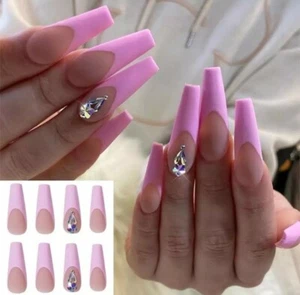 24pc Pink Crystal Long Fake Nail Tips On False Press On Artificial  - Picture 1 of 1