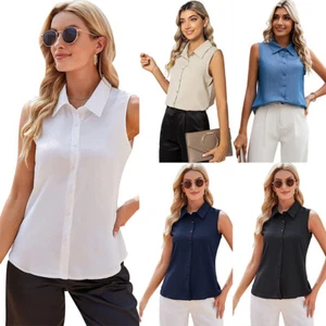 MINTLIMIT Women's Sleeveless Button Down Basic Solid Shirt Collared Work Blouse - Picture 1 of 39