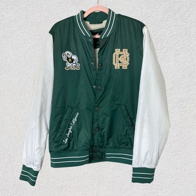 Hollister Men L Green White Varsity Jacket Sherpa Lined Los Angeles Patch Coat - Image 1 of 4