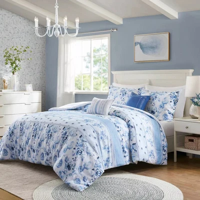 Intelligent Design Full/Queen Lena Floral Striped Comforter Set Blue