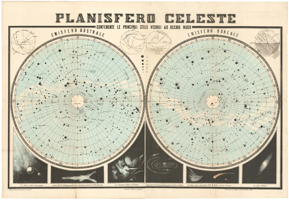 1850 Impressionante, Grande (46 x 31,5 pol.) Gráfico de estrelas italiano - 'Planisfero Celeste' - Imagem 1 de 1
