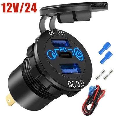 12V QC 3.0 PD USB Auto KFZ Steckdose Dual USB Ladegerät Buchse Dose KFZ Einbau - Bild 1 von 4
