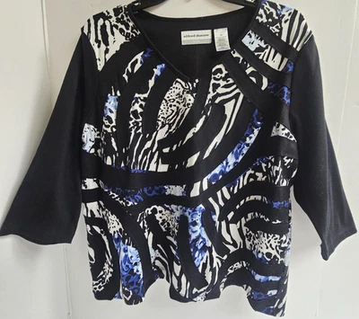 Alfred Dunner Shirt Womens Petite Large Black Blue Print 3/4 Sleeve Patchwork - Image 1 of 4