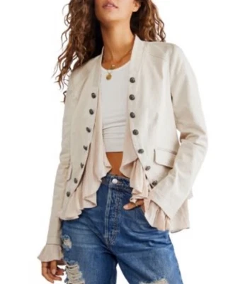 Free People Ruffles 浪漫自然弧形下摆纽扣波西米亚军用夹克 M — 第 1/4 张图片