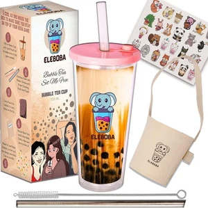 Wiederverwendbarer Boba Becher mit Deckel und Strohhalmen - Auslaufsicherer Becher für Bubble Tea und... - Bild 1 von 9
