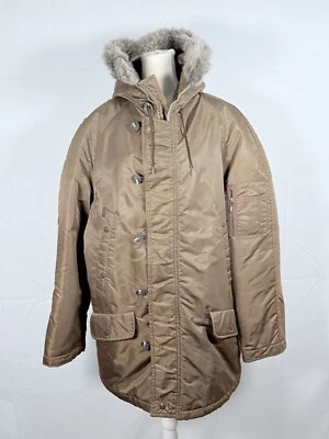Vintage Sears Coat Mens 44 Brown Rain Repellant Fur Hood Blind Zip Parka 70s - Image 1 of 4