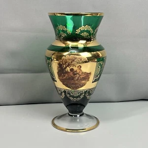 Antique Bohemian Green Glass & Gold Gilt Décor Portrait Vase with Portrait Scene - Picture 1 of 19