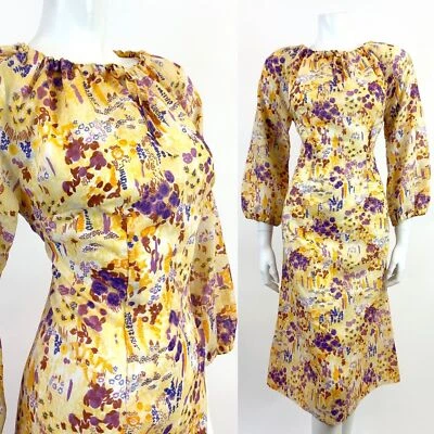 DE COLECCIÓN AÑOS 60 70 AMARILLO BLANCO PÚRPURA FLORAL DITSY BOHO FOLK VESTIDO FLOTANTE 14 16 Foto 1 de 4