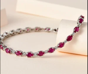 Halo Tennis Bracelet 925 Sterling Silver Oval 6*4 MM Natural Pink Ruby 7 Inch - Picture 1 of 3
