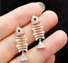 1.80Ct Round Simulated Diamond Fish Bone Drop Earrings In 14K Yellow Gold Plated