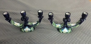 Vintage Mexican Talavera Blue Folk Art Pottery Candelabra Candle Sticks Set Of 2 - Picture 1 of 19