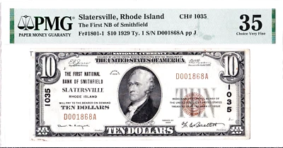 $10 1929 T1 National SLATERSVILLE Rhode Island RI 🇺🇸 PMG 35 Choice Very Fine! - Image 1 of 2