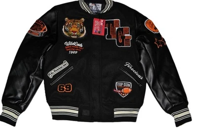 JAQUETA MASCULINA PRETA AUTÊNTICA TOP GUN "WILDCATS" VARSITY NOVA COM ETIQUETAS - Imagem 1 de 4