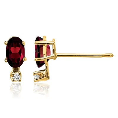 14K Solid Yellow Gold Diamond Garnet Stud Earrings - Image 1 of 4