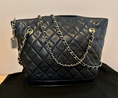 CHANEL Tote Shoulder Bag Black Matelasse Quilted Lambskin Leather Gold Chain - Image 1 of 4