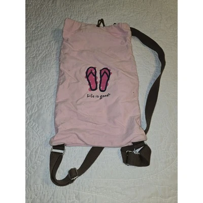 Life Is Good Cinch Sack Backpack Flip Flops Pink Cotton Back to School 17”x 12” - Image 1 of 2