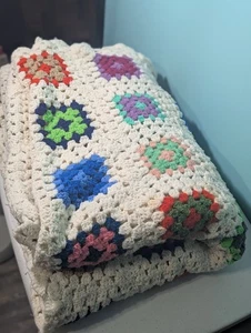 Vintage Homemade Crochet Blanket Throw Granny Colorful Afghan 66'X96" - Picture 1 of 19
