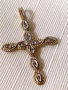Intricate Christian 10K Yellow Gold & 9 Genuine Diamonds Cross Pendant - Picture 1 of 10