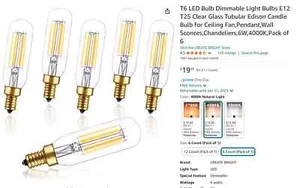 CREATE BRIGHT T6 LED 6W, E12 90CRI,720LM DIMMABLE BULBS 5 PACK, 3.58INCH - Picture 1 of 3