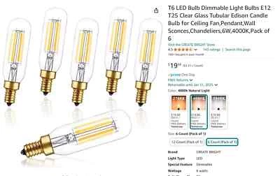 CREATE BRIGHT T6 LED 6W, E12 90CRI,720LM DIMMABLE BULBS 5 PACK, 3.58INCH - Image 1 of 3