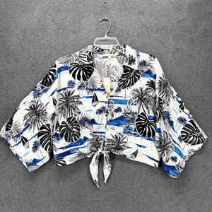 C&C California Top womens Large Blue crop front tie button beach Hawaiian Blouse - Picture 1 of 16
