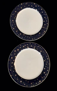 SET OF 2 SAKURA GALAXY DK BLUE PORCELAIN DINNER PLATES 10-5/8" Gold Stars Trim - Picture 1 of 6